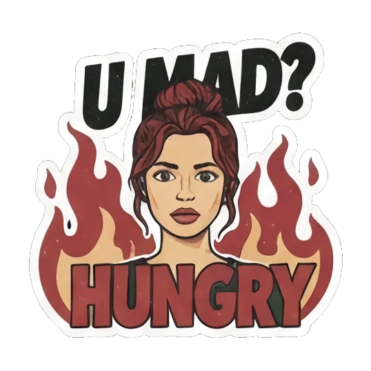 Angry 'U MAD?' with flames Expressive Gal's Daily Moods sticker for expressive chats and social replies.