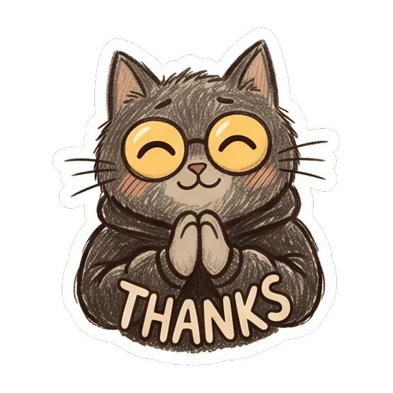 Cat with hands together in gratitude with text THANKS. Furry Doodle Cat Daily sticker for expressive chats and social replies.