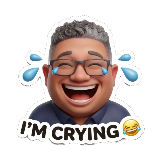 Man with glasses laughing with tears with text I'M CRYING Office Guy Expressions sticker for expressive chats and social replies.