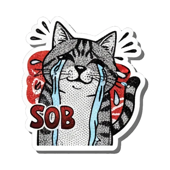 Crying cat sobbing Gritty Punk Tabby sticker for expressive chats and social replies.