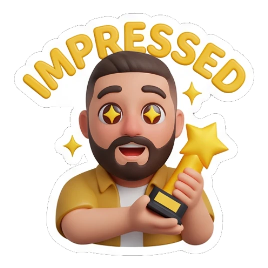 Impressed bearded man with star eyes holding a gold trophy, IMPRESSED Bearded Buddy Daily Vibes sticker for expressive chats and social replies.