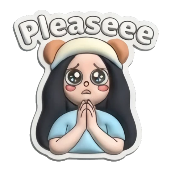 Girl looking pleadingly with Pleaseee text Puffy Girl Moods sticker for expressive chats and social replies.