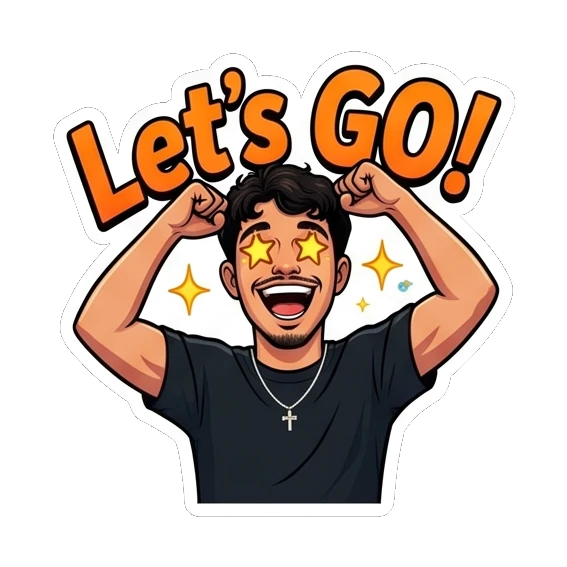 Excited young man with star eyes and 'Let's GO!' text. Cool Guy Daily Vibes sticker for expressive chats and social replies.