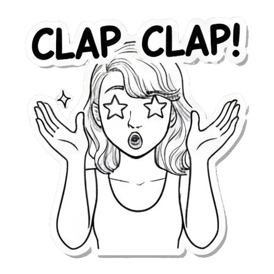 Girl clapping with star-shaped eyes Expressive Line Art Girl sticker for expressive chats and social replies.