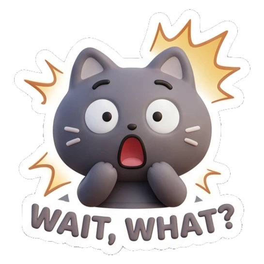 Shocked grey cat with wide eyes and open mouth saying wait what. Moody Grey Cat Daily sticker for expressive chats and social replies.