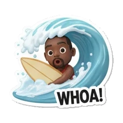 Surfer man shocked by giant wave, text WHOA! Surfing Dude Vibes sticker for expressive chats and social replies.