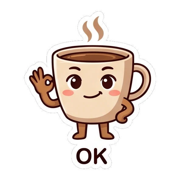 Coffee cup character making an OK hand gesture with a friendly smile. Cheerful Coffee Cup Pals sticker for expressive chats and social replies.