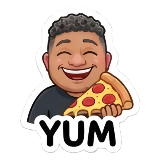 Man eating pizza slice, text YUM Cool Guy Daily Vibes sticker for expressive chats and social replies.