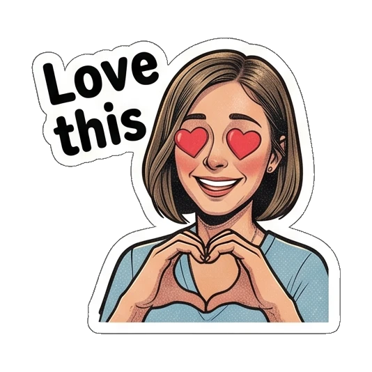Woman with heart eyes making heart shape with hands, text Love this Retro Comic Office Lady sticker for expressive chats and social replies.
