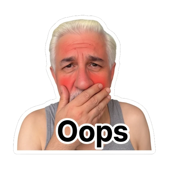 Man looking embarrassed with red cheeks and 'Oops' text. Silver Fox Daily Vibes sticker for expressive chats and social replies.