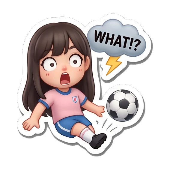 Girl falling down with soccer ball and WHAT text, shocked expression Soccer Girl Daily Life sticker for expressive chats and social replies.