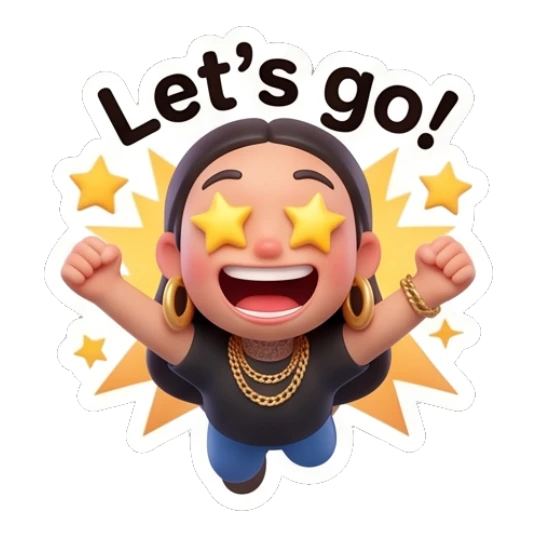 Excited girl with star eyes and raised arms, text Let's go. Chic Urban Girl Vibes sticker for expressive chats and social replies.