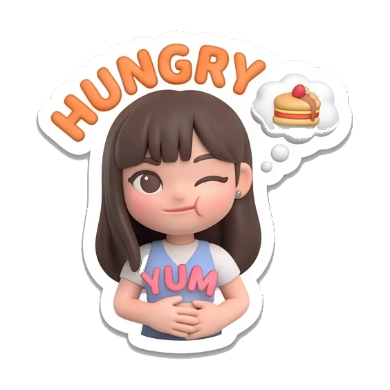 Girl looking hungry with a thought bubble of food and text HUNGRY YUM Cute Girl Daily Expressions sticker for expressive chats and social replies.