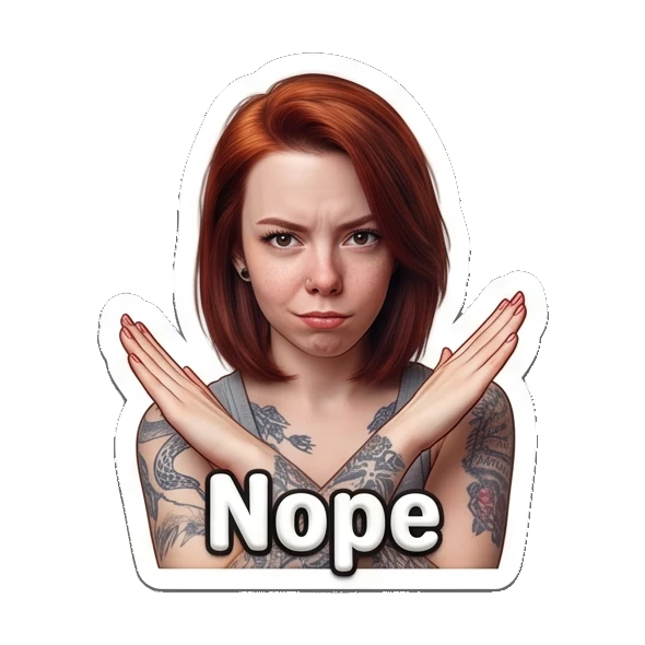 Red-haired girl making an X gesture with arms to say no. Red-Haired Girl Expressions sticker for expressive chats and social replies.
