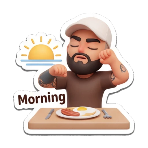 Man eating breakfast at a table, text 'Morning' Gym Bro Daily Life sticker for expressive chats and social replies.