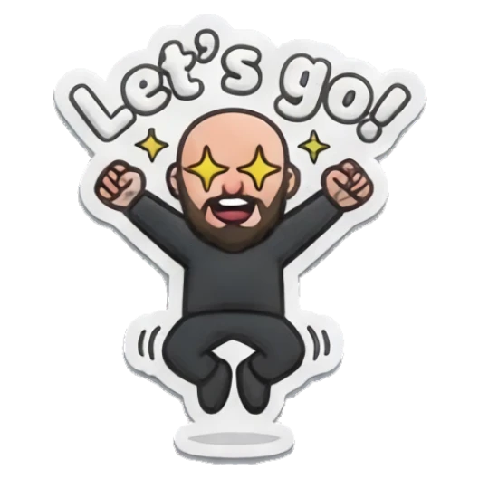 Bearded man jumping with excitement and star eyes, text Let's go! Bearded Buddy Daily Vibes sticker for expressive chats and social replies.