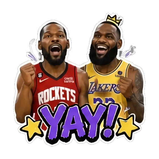 Two players cheering with fists raised, excited, text YAY. Basketball Legends Duo sticker for expressive chats and social replies.