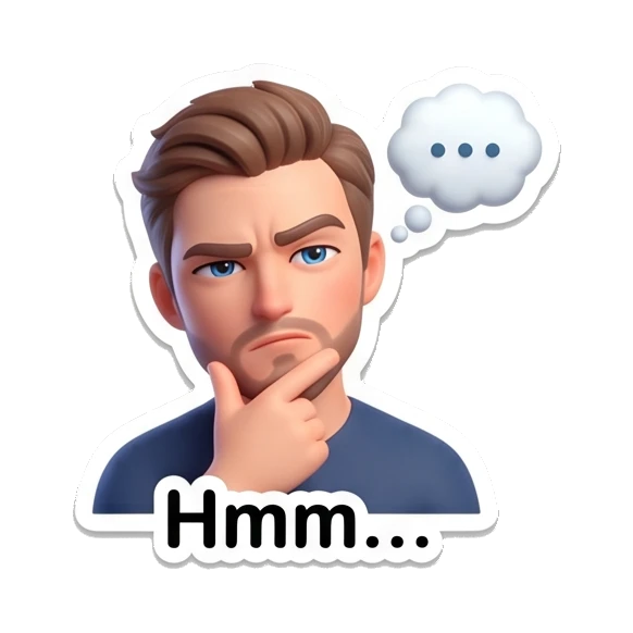 Young man touching chin in deep thought with 'Hmm...' text. Modern Guy Daily Expressions sticker for expressive chats and social replies.