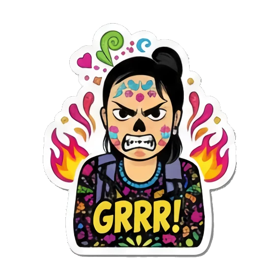 女孩生气咆哮, 愤怒表情, 气愤不满, 怒火中烧, 糖骷髅怒, 很不爽 Día de Muertos Diva sticker for expressive chats and social replies.