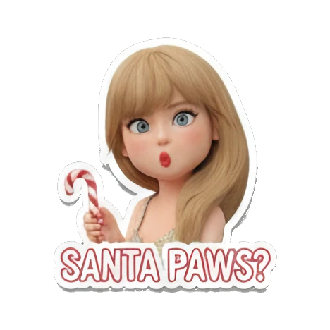 Blonde girl with surprised expression holding a candy cane, text SANTA PAWS? Festive Blonde Holiday Vibes sticker for expressive chats and social replies.