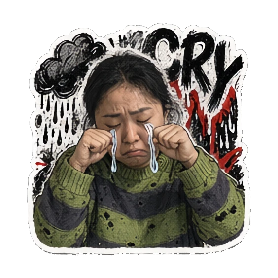 年轻女性流泪哭泣，表情悲伤，文字CRY Punk Girl Daily Vibes sticker for expressive chats and social replies.