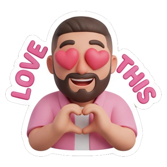 Bearded man with heart eyes making a heart shape with hands, LOVE THIS Bearded Buddy Daily Vibes sticker for expressive chats and social replies.