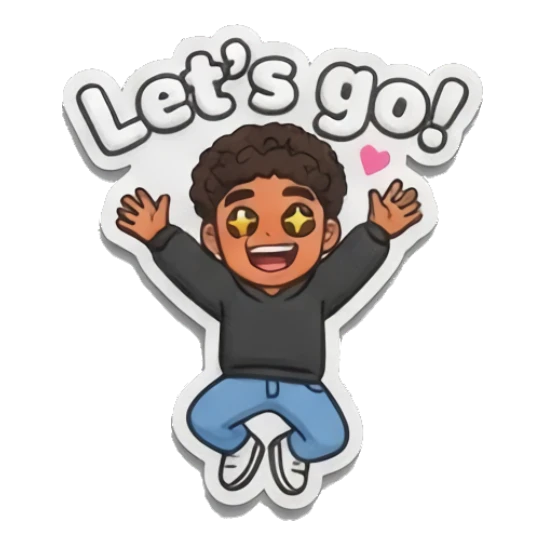 Curly-haired boy jumping with excitement saying let's go. Curly Hair Boy Daily Vibes sticker for expressive chats and social replies.