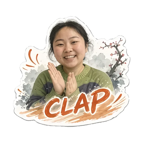 Young woman clapping hands with cherry blossoms saying CLAP Cheerful Daily Life of a Young Woman sticker for expressive chats and social replies.