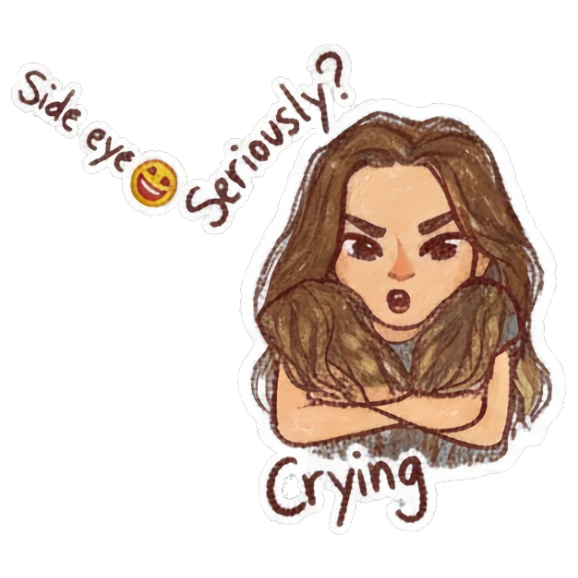Annoyed girl with crossed arms and text Seriously Curly Haired Girl Daily Vibes sticker for expressive chats and social replies.