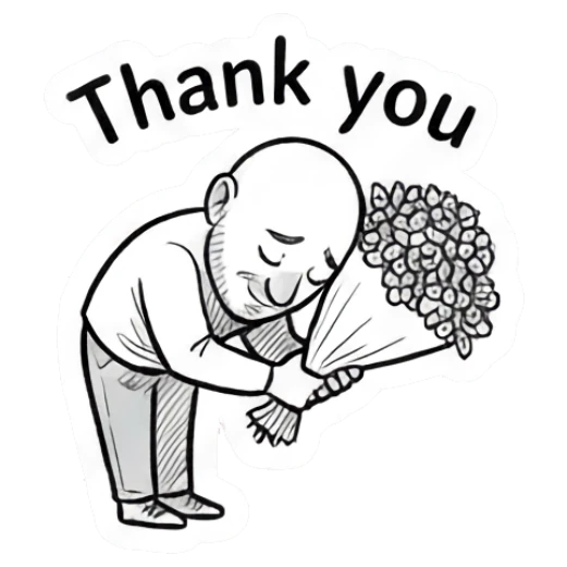 Bald man bowing with a bouquet of flowers, Thank you. Bald Guy Daily Vibes sticker for expressive chats and social replies.