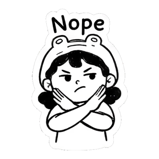 Girl in frog hat crossing arms with Nope text Froggy Girl Doodles sticker for expressive chats and social replies.