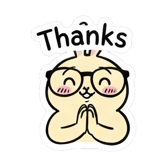 Rabbit with glasses praying with thanks text. Smart Bunny Daily Moods sticker for expressive chats and social replies.