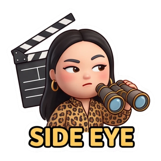 Girl looking through binoculars, clapperboard background, text Side Eye Cinema Diva Daily Life sticker for expressive chats and social replies.