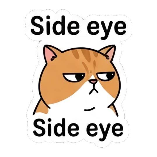 Skeptical ginger cat giving a side eye with 'Side eye' text. Ginger Cat Daily Vibes sticker for expressive chats and social replies.