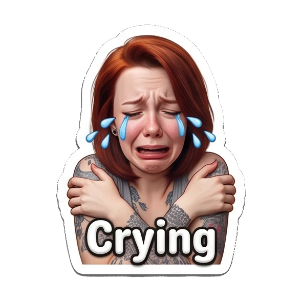 Crying red-haired girl hugging herself in distress. Red-Haired Girl Expressions sticker for expressive chats and social replies.