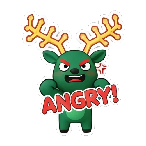Angry green deer with glowing red eyes and ANGRY text Green Deer Joyful Adventures sticker for expressive chats and social replies.