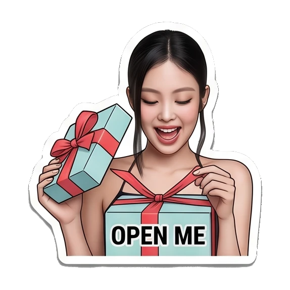 Young woman opening gift box, excited, text OPEN ME Jennie Birthday Party Vibes sticker for expressive chats and social replies.