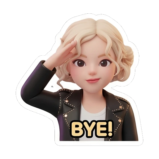 金发女孩敬礼，表情干练，文字BYE! Blonde Rocker Girl Daily sticker for expressive chats and social replies.