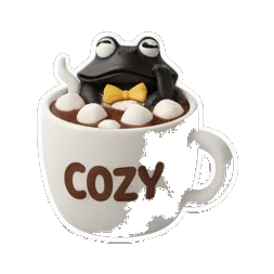 Chocolate frog sitting in a hot cocoa mug with COZY text Choco Froggy Adventures sticker for expressive chats and social replies.