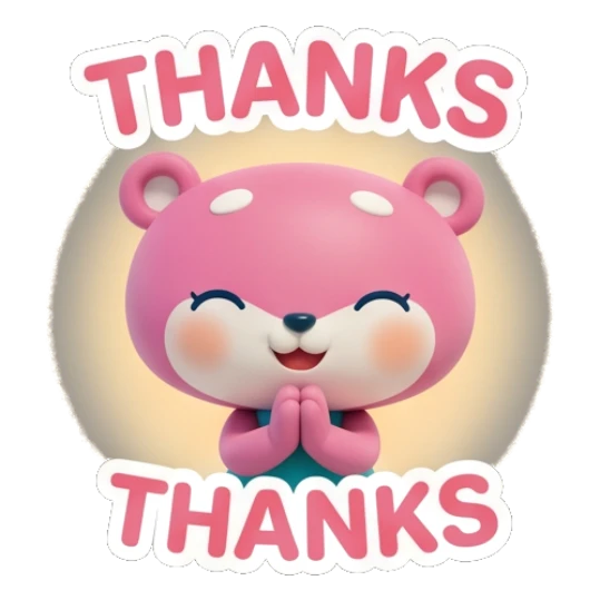 Pink bear with hands together in gratitude with text THANKS Pinky Bear Daily Vibes sticker for expressive chats and social replies.