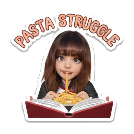 Girl chef eating pasta, struggling, PASTA STRUGGLE Little Chef Adventures sticker for expressive chats and social replies.