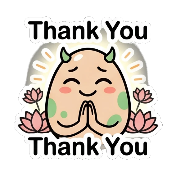 Egg with hands in prayer pose saying Thank You. Little Spotted Egg Emotions sticker for expressive chats and social replies.