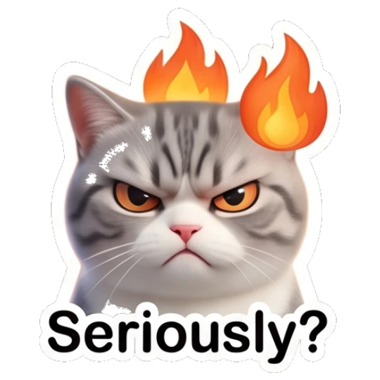 Grey cat with fire overhead with Seriously text Cute Grey Tabby Expressions sticker for expressive chats and social replies.
