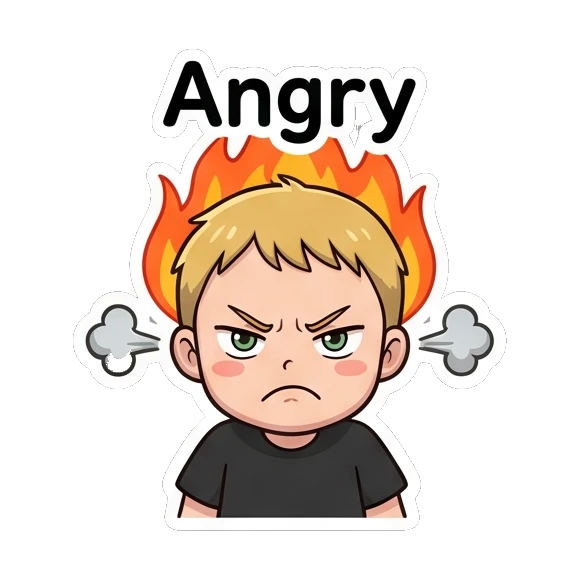 Blonde boy looking furious with fire and smoke around his head Blonde Boy Daily Expressions sticker for expressive chats and social replies.