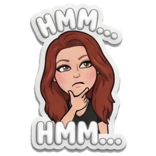 Red-haired girl thinking with finger on chin, text HMM Red-Haired Girl Daily Moods sticker for expressive chats and social replies.