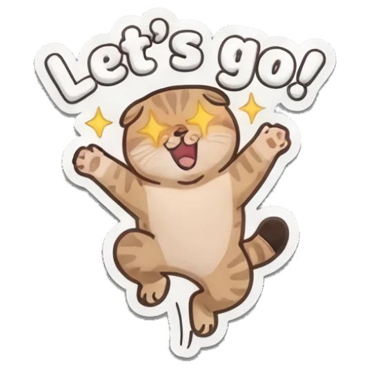 Excited tabby cat jumping in the air with 'Let's go!' text Puffy Tabby Cat Moods sticker for expressive chats and social replies.