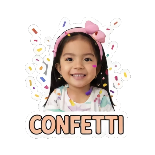 Little girl smiling amidst confetti with CONFETTI text Little Girl Daily Expressions sticker for expressive chats and social replies.