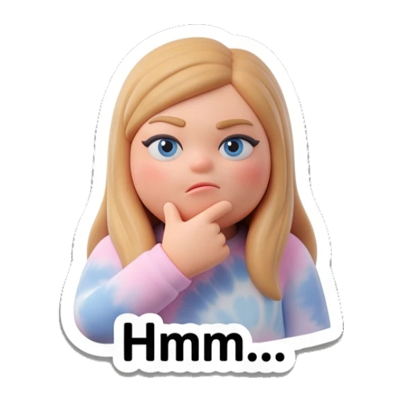 Blonde girl resting chin on hand in thought, text Hmm Blonde Girl Daily Vibes sticker for expressive chats and social replies.