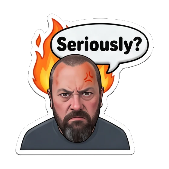 Bearded man looking angry with fire above his head. Bearded Guy Daily Vibes sticker for expressive chats and social replies.