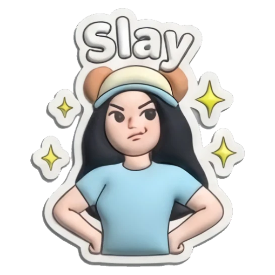 Girl posing confidently with Slay text Puffy Girl Moods sticker for expressive chats and social replies.